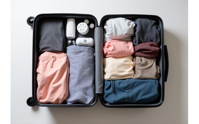 A neatly packed open suitcase with travel essentials for a European trip.