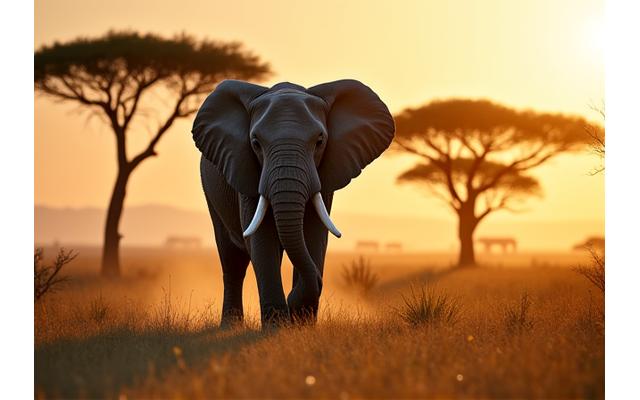 A majestic elephant walking across an African savanna at golden hour.