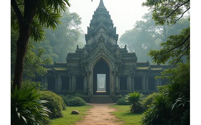 An ancient temple surrounded by lush greenery and mist, a hidden gem in Southeast Asia.
