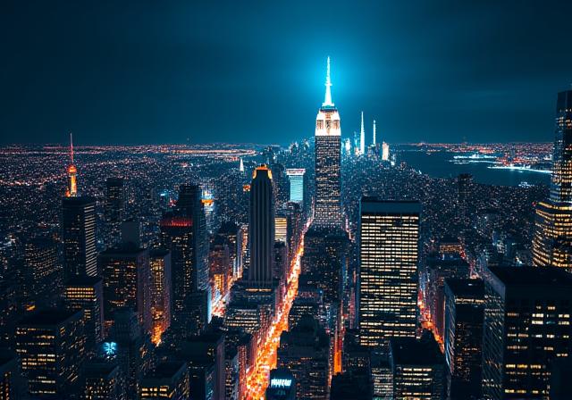 Manhattan skyline at night with bright lights and reflections