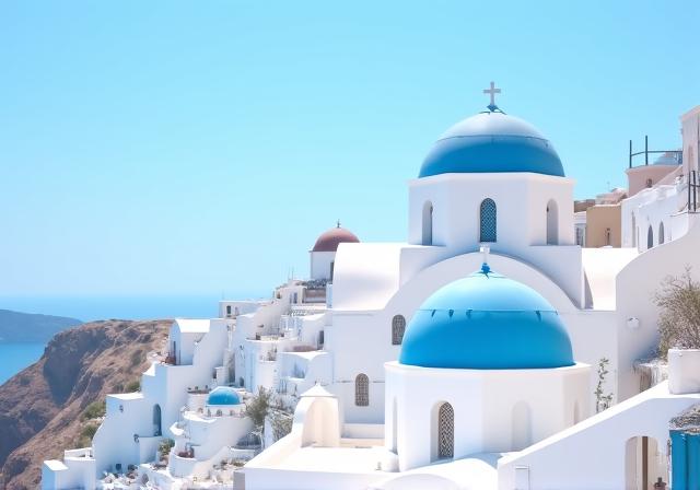 White-washed buildings and blue domes of Santorini, Greece overlooking the Aegean Sea